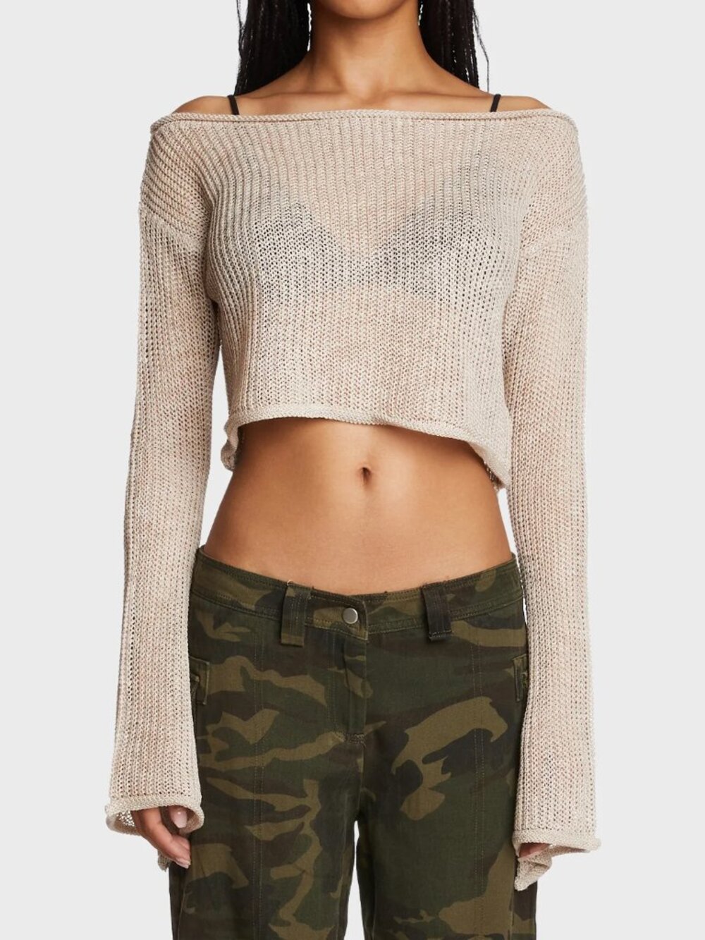 Dolls Kill - Emmie Off The Shoulder Sheer Knitted Top - Beige - size XS